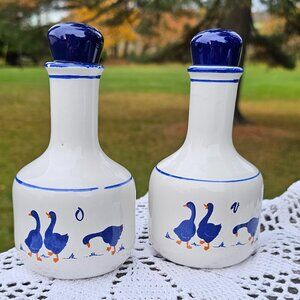 Set of 2 ceramic cruets decanters oil n vinegar blue geese Rosenthal Netter 80s